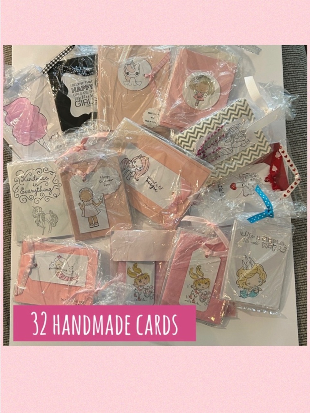 32 handmade cards with envelopes unicorns, ice cream, mermaids, birthdays